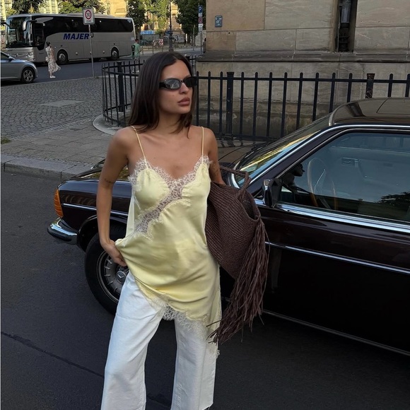 Zara Tops - Zara Lace-Trim Satin Cami Top in Pale Butter Yellow